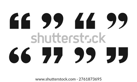 Quote punctuation marks collection, minimalist flat symbol set, text citation, conversation, feedback, speech, and dialogue.