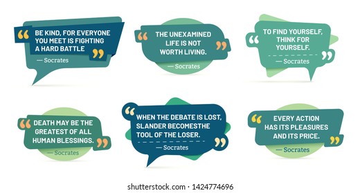 Quote in quotes frames. Socrates quotes, speech stickers and comment box badge. Info text, memo words tag or citation notes pages. Isolated vector symbols set