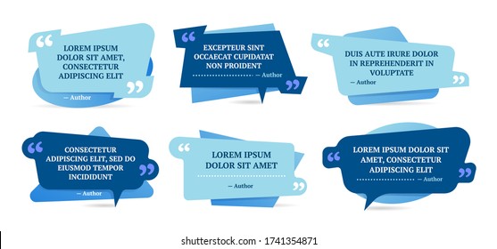 Quote remark flat frames set. Geometric abstract templates for quotations, titles, text in bubbles isolated vector illustration collection. Textbox blog and citation concept