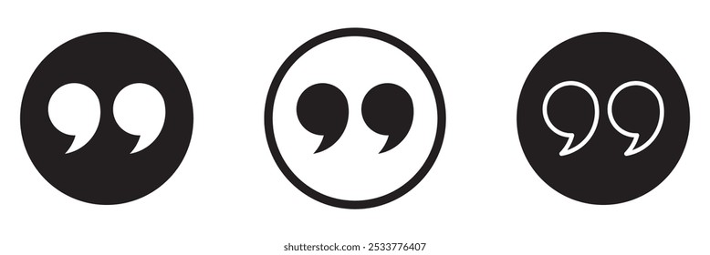 Quote right icon set. double quotation vector symbol. discussion dialog remark open and close quote sign in black filled and outlined style.