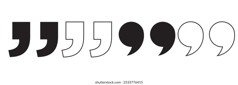 Quote right icon set. double quotation vector symbol. discussion dialog remark open and close quote sign in black filled and outlined style.