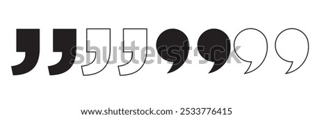 Quote right icon set. double quotation vector symbol. discussion dialog remark open and close quote sign in black filled and outlined style.