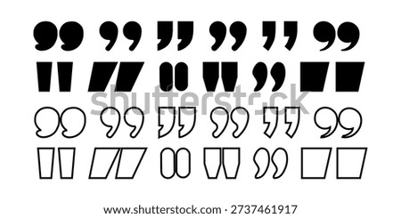 Quote right icon set. double quotation vector symbol. discussion dialog remark open and close quote sign in black filled and outlined style.