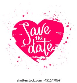 Quote Save the date. The trend calligraphy. Vector illustration on white background. Beautiful scarlet heart drawn by hand. Great holiday gift card. The concept of wedding design.