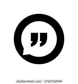 Quote sign icon. Black Circle button. Quotation mark in speech bubble symbol.