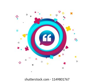 Quote sign icon. Quotation mark in speech bubble symbol. Double quotes. Colorful button with icon. Geometric elements. Vector