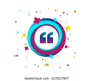 Quote sign icon. Quotation mark symbol. Double quotes at the beginning of words. Colorful button with icon. Geometric elements. Vector