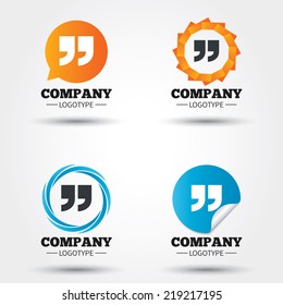 Quote sign icon. Quotation mark symbol. Double quotes at the end of words. Business abstract circle logos. Icon in speech bubble, wreath. Vector