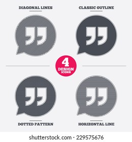 Quote sign icon. Quotation mark in speech bubble symbol. Double quotes. Diagonal and horizontal lines, classic outline, dotted texture. Pattern design icons.  Vector