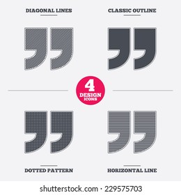 Quote Sign Icon. Quotation Mark Symbol. Double Quotes At The End Of Words. Diagonal And Horizontal Lines, Classic Outline, Dotted Texture. Pattern Design Icons.  Vector