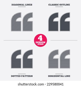 Quote Sign Icon. Quotation Mark Symbol. Double Quotes At The Beginning Of Words. Diagonal And Horizontal Lines, Classic Outline, Dotted Texture. Pattern Design Icons.  Vector