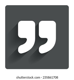 Quote sign icon. Quotation mark symbol. Double quotes at the end of words. Gray flat square button with shadow. Modern UI website navigation. Vector