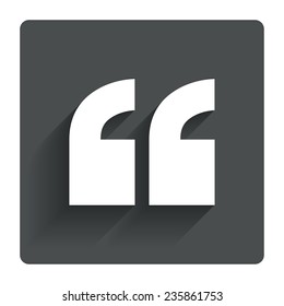 Quote sign icon. Quotation mark symbol. Double quotes at the beginning of words. Gray flat square button with shadow. Modern UI website navigation. Vector