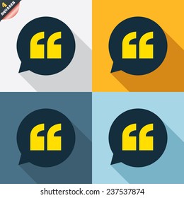 Quote sign icon. Quotation mark in speech bubble symbol. Double quotes. Four squares. Colored Flat design buttons. Vector