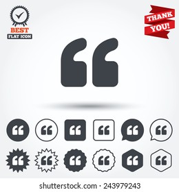 Quote sign icon. Quotation mark symbol. Double quotes at the beginning of words. Circle, star, speech bubble and square buttons. Award medal with check mark. Thank you. Vector