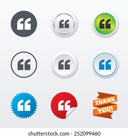 Quote sign icon. Quotation mark symbol. Double quotes at the beginning of words. Circle concept buttons. Metal edging. Star and label sticker. Vector