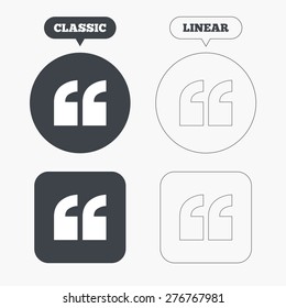 Quote sign icon. Quotation mark symbol. Double quotes at the beginning of words. Classic and line web buttons. Circles and squares. Vector