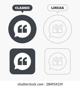 Quote sign icon. Quotation mark in speech bubble symbol. Double quotes. Classic and line web buttons. Circles and squares. Vector