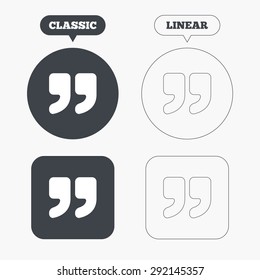 Quote sign icon. Quotation mark symbol. Double quotes at the end of words. Classic and line web buttons. Circles and squares. Vector