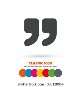 Quote sign icon. Quotation mark symbol. Double quotes at the end of words. Classic flat icon. Colored circles. Vector