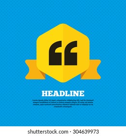 Quote sign icon. Quotation mark symbol. Double quotes at the beginning of words. Yellow label tag. Circles seamless pattern on back. Vector