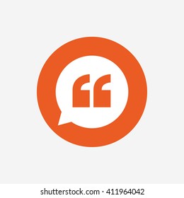 Quote sign icon. Quotation mark in speech bubble symbol. Double quotes. Orange circle button with icon. Vector