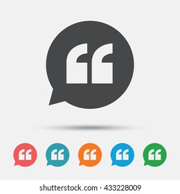 Quote sign icon. Quotation mark in speech bubble symbol. Double quotes. Graphic element on white background. Colour clean flat quotes icons. Vector