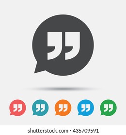 Quote sign icon. Quotation mark in speech bubble symbol. Double quotes. Graphic element on white background. Colour clean flat quotes icons. Vector