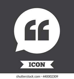 Quote sign icon. Quotation mark in speech bubble symbol. Double quotes. Graphic design element. Flat quotes symbol on dark background. Vector