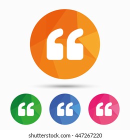 Quote sign icon. Quotation mark symbol. Double quotes at the beginning of words. Triangular low poly button with flat icon. Vector
