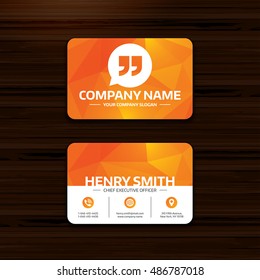 Quote sign icon. Quotation mark in speech bubble symbol. Double quotes. Business card template with flat icon. Visiting card low poly design. Vector