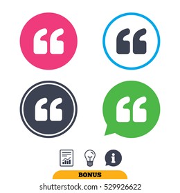Quote sign icon. Quotation mark symbol. Double quotes at the beginning of words. Report document, information sign and light bulb icons. Vector