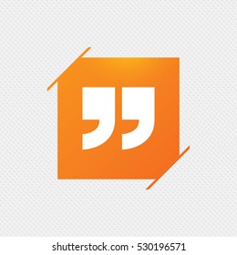 Quote Sign Icon. Quotation Mark Symbol. Double Quotes At The End Of Words. Orange Square Label On Pattern. Vector