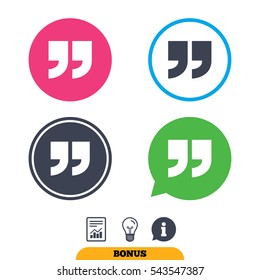 Quote sign icon. Quotation mark symbol. Double quotes at the end of words. Report document, information sign and light bulb icons. Vector