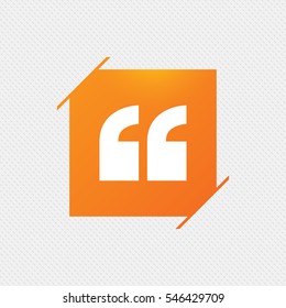 Quote Sign Icon. Quotation Mark Symbol. Double Quotes At The Beginning Of Words. Orange Square Label On Pattern. Vector