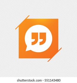 Quote Sign Icon. Quotation Mark In Speech Bubble Symbol. Double Quotes. Orange Square Label On Pattern. Vector