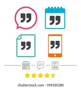 Quote sign icon. Quotation mark symbol. Double quotes at the end of words. Calendar, chat speech bubble and report linear icons. Star vote ranking. Vector