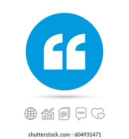 Quote sign icon. Quotation mark symbol. Double quotes at the beginning of words. Copy files, chat speech bubble and chart web icons. Vector