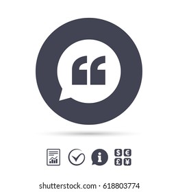 Quote Sign Icon. Quotation Mark In Speech Bubble Symbol. Double Quotes. Report Document, Information And Check Tick Icons. Currency Exchange. Vector