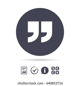 Quote sign icon. Quotation mark symbol. Double quotes at the end of words. Report document, information and check tick icons. Currency exchange. Vector