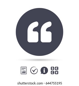 Quote sign icon. Quotation mark symbol. Double quotes at the beginning of words. Report document, information and check tick icons. Currency exchange. Vector