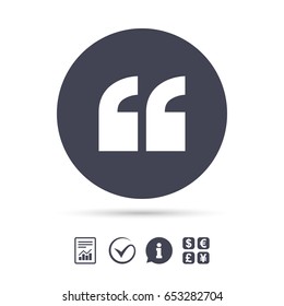 Quote sign icon. Quotation mark symbol. Double quotes at the beginning of words. Report document, information and check tick icons. Currency exchange. Vector