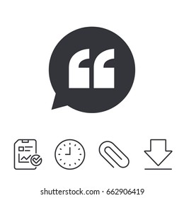 Quote sign icon. Quotation mark in speech bubble symbol. Double quotes. Report, Time and Download line signs. Paper Clip linear icon. Vector