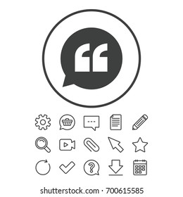 Quote sign icon. Quotation mark in speech bubble symbol. Double quotes. Document, Chat and Paper clip line signs. Question, Pencil and Calendar line icons. Star, Download and Shopping cart. Vector