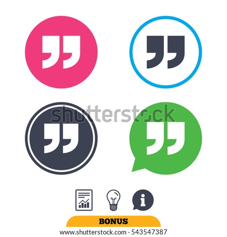 Quote sign icon. Quotation mark symbol. Double quotes at the end of words. Report document, information sign and light bulb icons. Vector