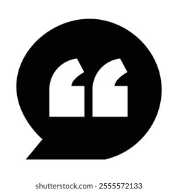 Quote sign icon. Speech bubble, quotation marks, minimalist design, circular shape, stark contrast, simple graphic, communication symbol, typography element, vector illustration, clean lines.