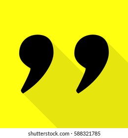 Quote sign illustration. Black icon with flat style shadow path on yellow background.