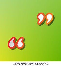 Quote sign illustration. Contrast icon with reddish stroke on green background.
