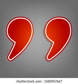 Quote sign illustration. Flat red icon with linear white icon with gray shadow at grayish background. Illustration.