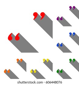 Quote sign illustration. Set of red, orange, yellow, green, blue and violet icons at white background with flat shadow.